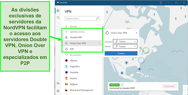 Captura de tela mostrando servidores especializados disponíveis com NordVPN, incluindo aqueles otimizados para P2P para downloads de música