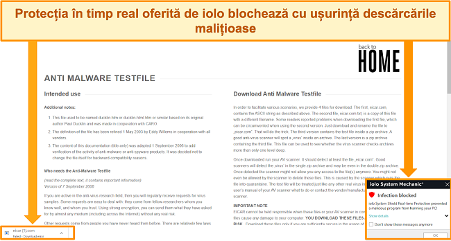 Captură de ecran cu iolo care blochează descărcarea unui fișier rău intenționat