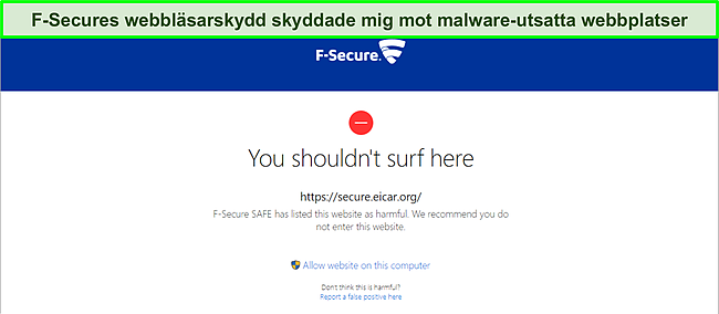 Skärmdump av F-Secure som blockerar en skadlig webbplats.