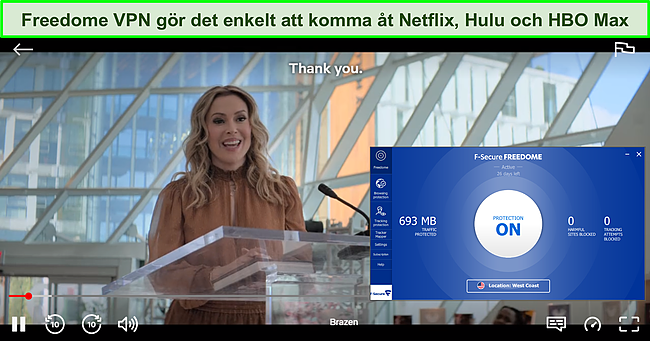 Skärmdump av Freedome VPN som får åtkomst till Netflix.