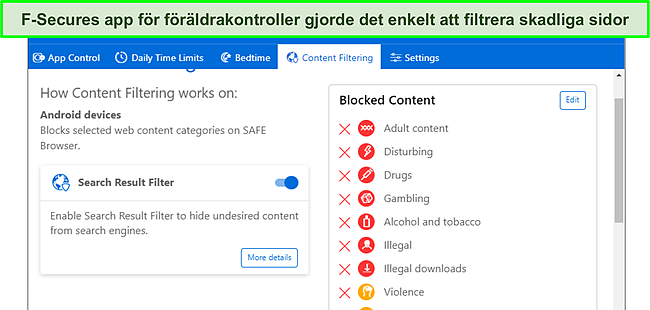 Skärmdump av fliken för filtrering av föräldrakontrollinnehåll.