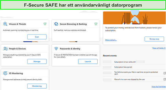 Skärmdump av F-Secure SAFE skrivbordsgränssnitt.