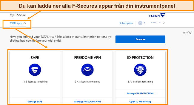 Skärmdump av nedladdningssidan för F-Secure-appar.