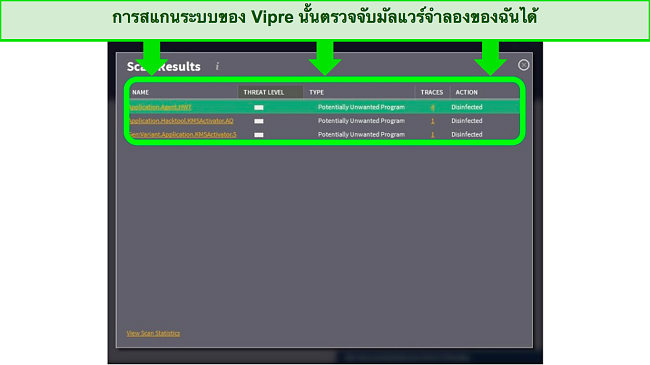 สกรีนช็อตของอินเทอร์เฟซ Vipre หลังจากสแกนไวรัสสำเร็จ