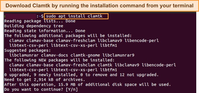 Screenshot of ClamTK installation command for Linux