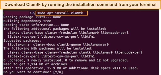 Screenshot of ClamTK installation command for Linux