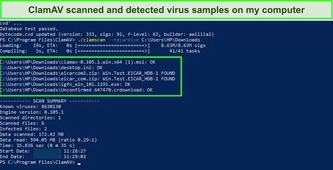 Screenshot of ClamAV scan results