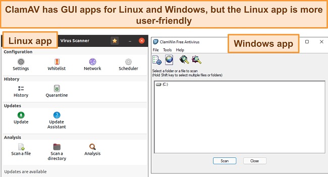 Screenshot of ClamAV desktop GUI apps for Linux and Windows