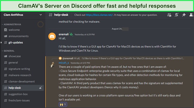 Screenshot of ClamAV support channel on Discord