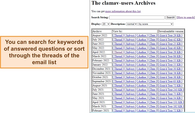 Screenshot of ClamAV email list threads