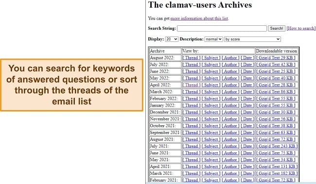 Screenshot of ClamAV email list threads