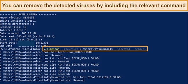 Screenshot showing ClamAV command for removing viruses