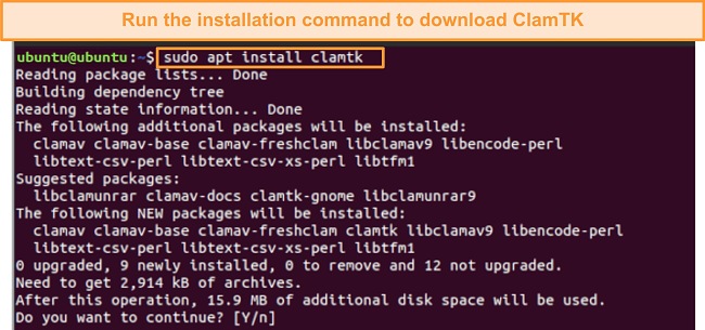 Screenshot of ClamTK's installation command on Ubuntu