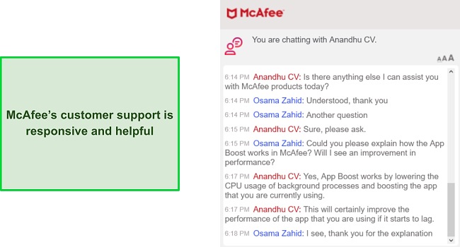 Conversation with McAfee's live chat support