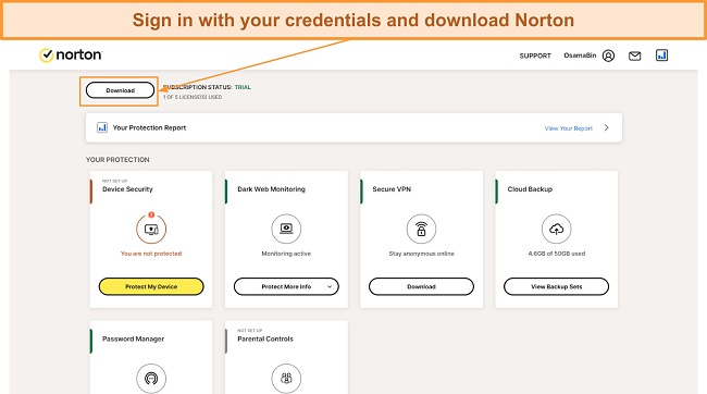 Downloading Norton's setup from its website
