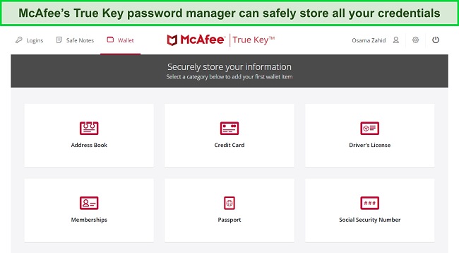 McAfee's True Key password manager's interface