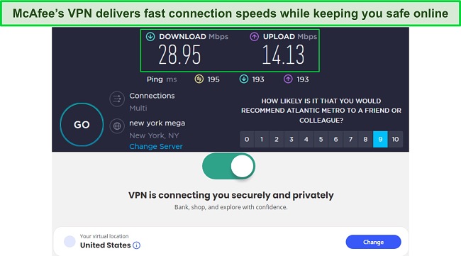 Screenshot of McAfee Safe Connect VPN's speed test results