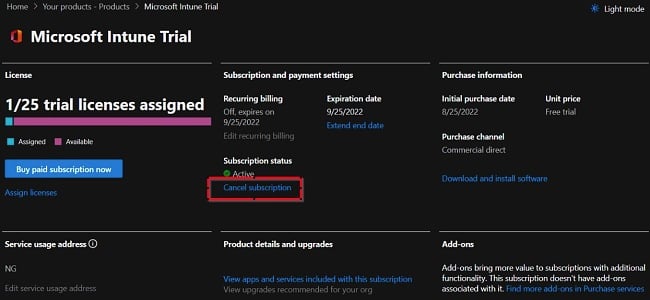 Microsoft Intune cancel subscription screenshot