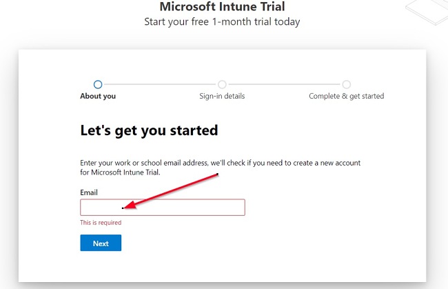Microsoft Intune email get started screenshot