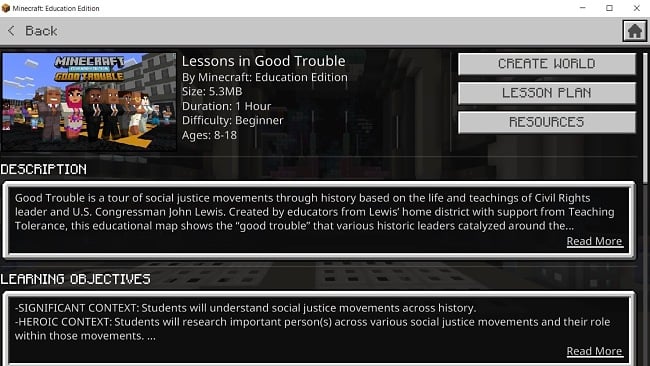 Captura de pantalla de descripción general de Minecraft Education Edition