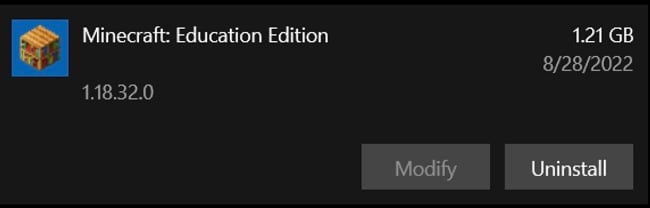 Captura de pantalla de desinstalación de Minecraft Education Edition