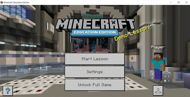 Екранна снимка на началната страница на Minecraft Education Edition