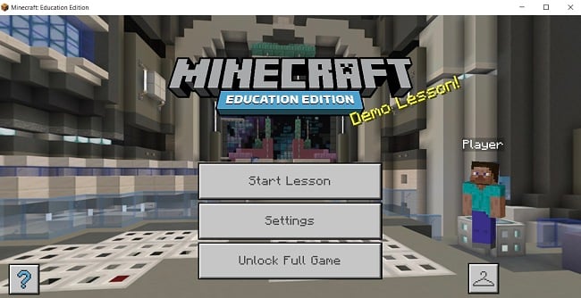 Screenshot halaman selamat datang Minecraft Education Edition