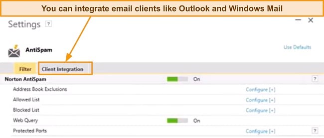 Screenshot of Norton AntiSpam settings tab