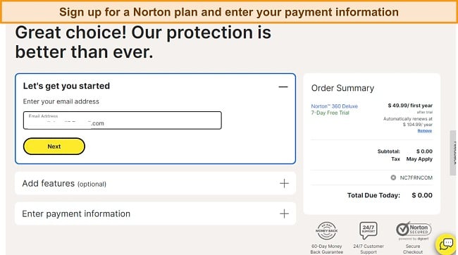 Screenshot of Norton Signup process