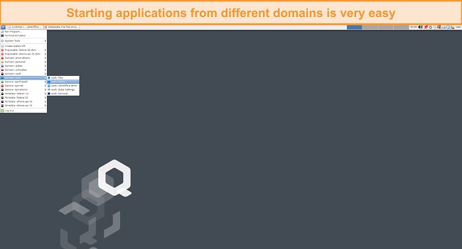 Screenshot showing the Qubes OS start menu