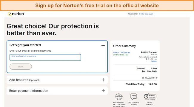 Signing up for Nortons free trial