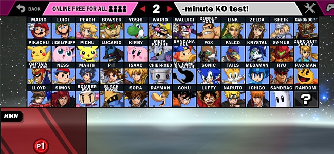 Capture d'écran de la sélection des personnages de Super Smash Flash 2