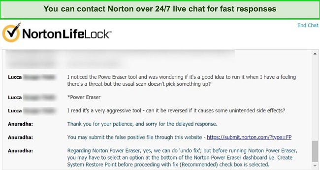 Screenshot of a conversation with a Norton customer support agent via live chat.