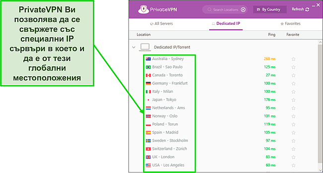 Екранна снимка на менюто на PrivateVPN Dedicated IP server в Windows.