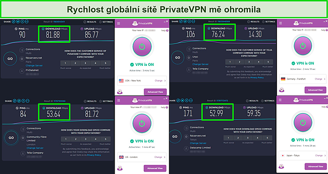 Snímek obrazovky testů rychlosti PrivateVPN zobrazující servery v USA, Velké Británii, Německu a Japonsku.