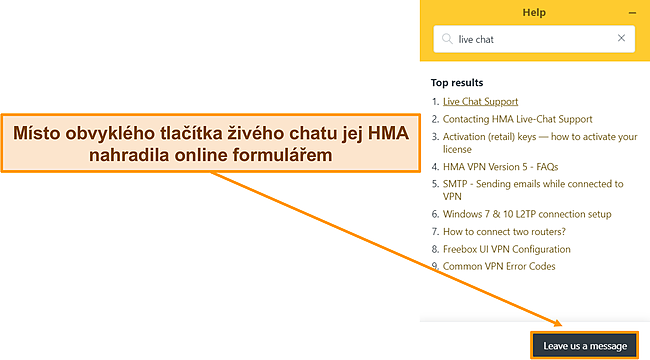 Snímek obrazovky chatbota HMA zdůrazňujícího, že nahradil možnost živého chatu.