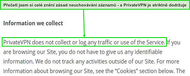 Snímek obrazovky zásad ochrany osobních údajů PrivateVPN na jejích webových stránkách.