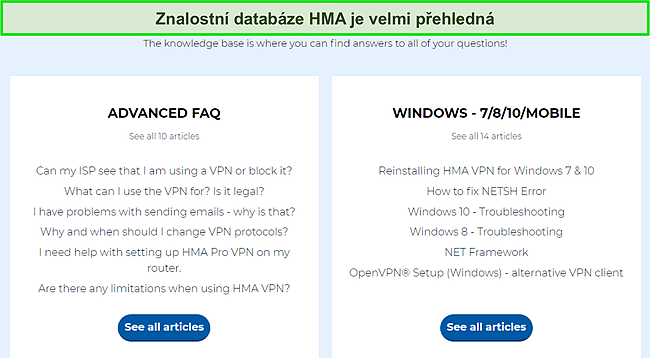 Snímek obrazovky se stránkou znalostní báze HMA se zvýrazněním dostupných kategorií FAQ.
