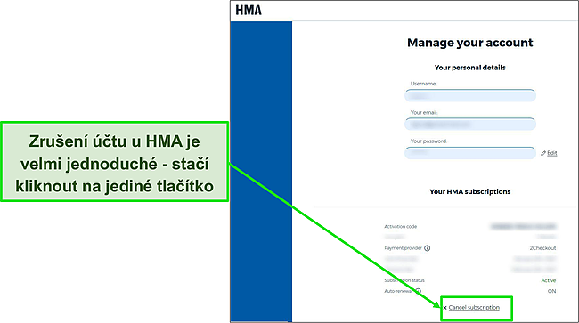 Snímek obrazovky možností účtu HMA zvýrazňující, které tlačítko stisknout pro zrušení předplatného.