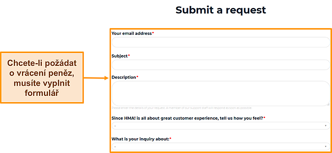 Snímek obrazovky formuláře žádosti HMA zvýrazňující, která pole je třeba vyplnit, abyste mohli požádat o vrácení peněz.