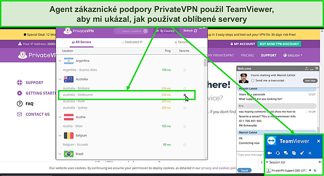 Snímek obrazovky agenta živého chatu PrivateVPN pomocí TeamViewer k předvedení.