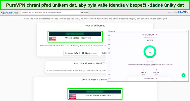 Snímek obrazovky testu ipleak.net ukazující nulové úniky s PureVPN připojeným k americkému serveru.