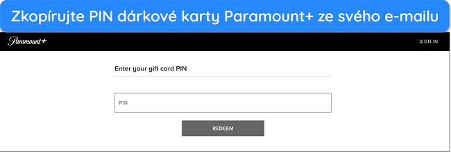 Stránka pro využití dárkové karty Paramount Plus pro sledování obsahu na Paramount Plus odkudkoli