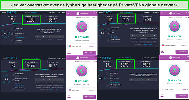 Skærmbillede af PrivateVPN-hastighedstest, der viser servere i USA, Storbritannien, Tyskland og Japan.