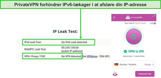 Skærmbillede af vellykket IPv6-lækagetest, mens du er tilsluttet en PrivateVPN-server i Tyskland.