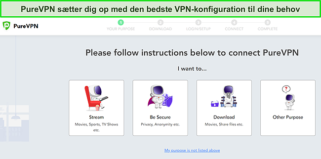 Skærmbillede af PureVPN brugerdefinerede installationsmuligheder til forskellige VPN-anvendelser.