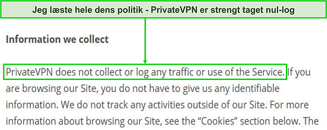 Skærmbillede af PrivateVPNs privatlivspolitik på dets hjemmeside.