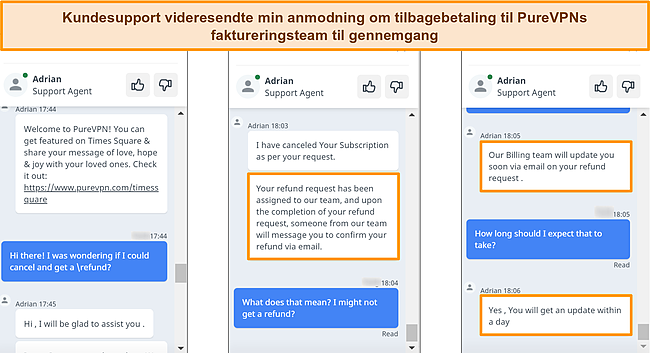 Skærmbillede af PureVPNs kundeservice, der reagerer på en anmodning om tilbagebetaling og videresender anmodningen til faktureringsteamet.