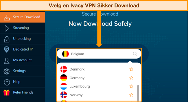 Skærmbillede af Ivacy VPN Windows-appen, der fremhæver servervalgene for funktionen Secure Download.