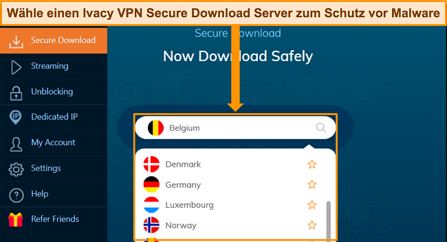 Screenshot der Ivacy VPN Windows-App, der die Serverauswahl für die Funktion „Sicherer Download“ hervorhebt.
